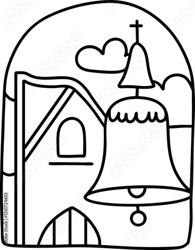 A simple line drawing of a bell tower with a bell, clouds, and a house, capturing a serene and architectural theme.