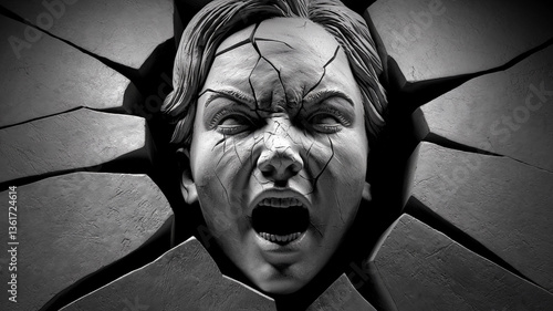 Cracked stone face sculpture emerging from fractured stone, conveying themes of emotional distress, inner turmoil, and breaking free