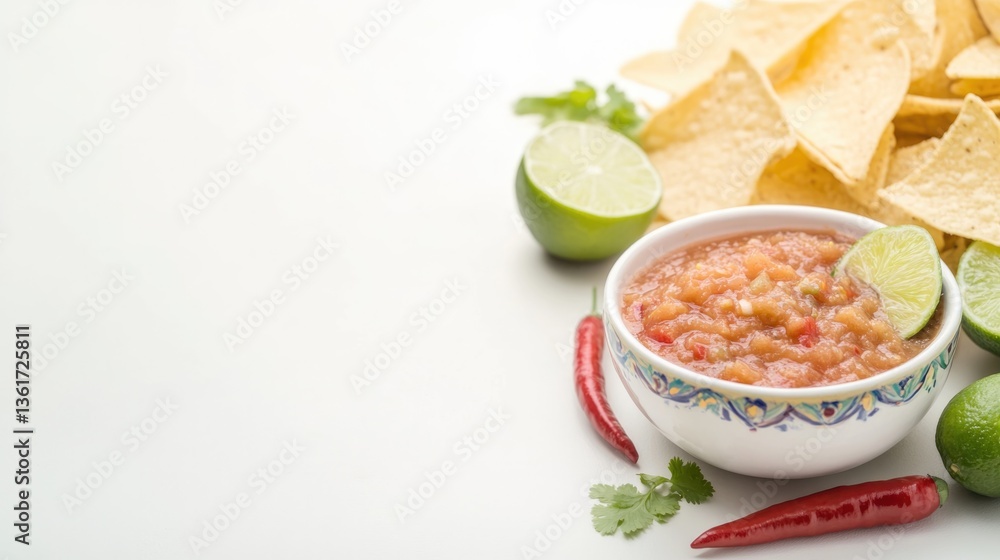 Fresh salsa served with crispy tortilla chips and lime slices, v Fresh salsa served with crispy tortilla chips and lime slices, v