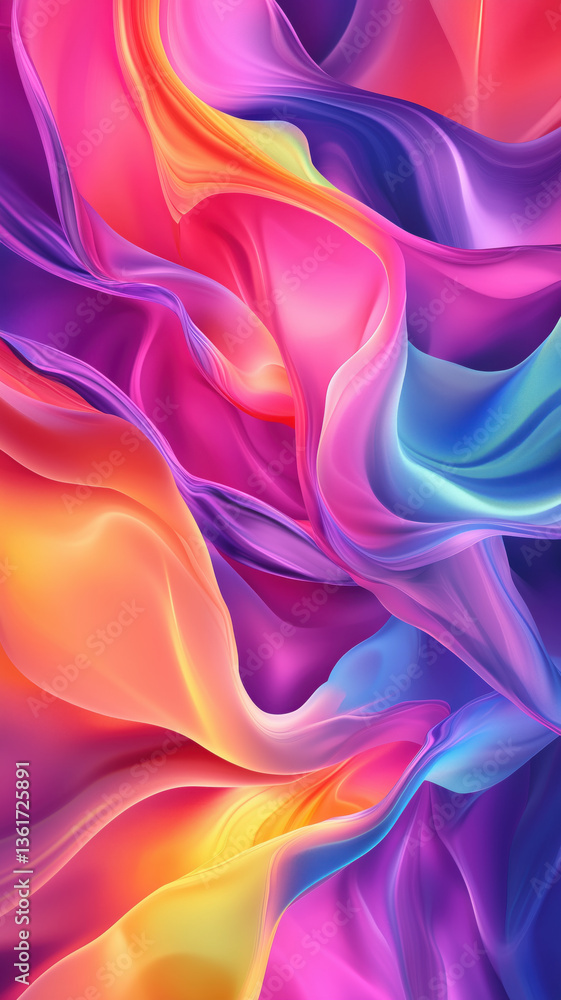 Obraz premium Vivid abstract phone wallpaper featuring swirling folds of colorful satin-like fluid in vibrant rainbow tones.
