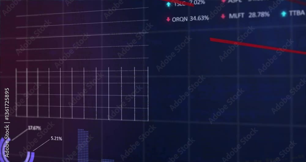 Displaying digital stock market data with graphs and percentages on dark background Displaying digital stock market data with graphs and percentages on dark background