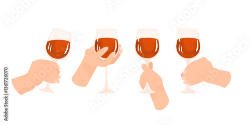 Hand holding a glass of wine. Different grips of the glass. Alcoholic drink. Toast at a party. Transparent glass vessel for a drink. Vector illustration isolated on a transparent background.