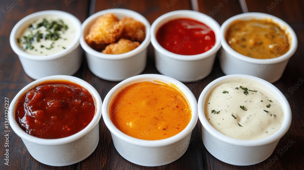 Various sauces and chicken nuggets sit in white ramekins. Image for food blog, menu or website with yummy dipping sauces. Various sauces and chicken nuggets sit in white ramekins. Image for food blog, menu or website with yummy dipping sauces.