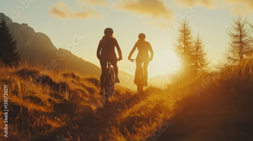 Young adults mountain biking at sunset in scenic autumn landscape