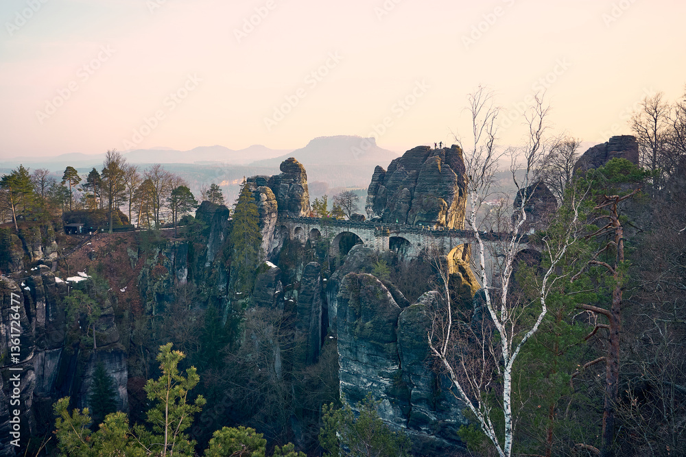 Obraz premium Iconic Views and Natural Wonders at Bastei and Bastei Bridge in Saxon Switzerland, Germany
