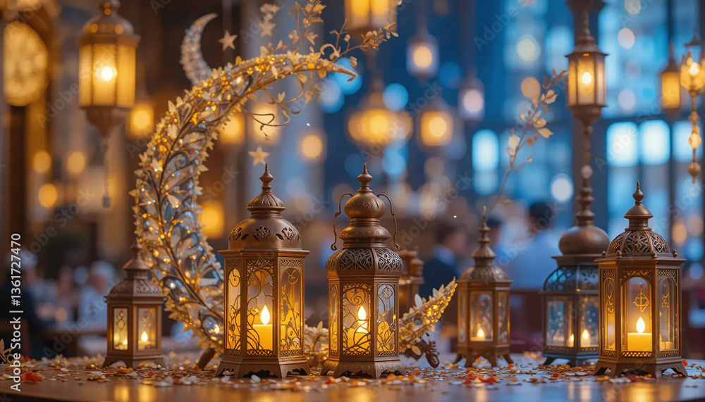Obraz premium Ramadan theme, lamps and crescent moon, glowing lights