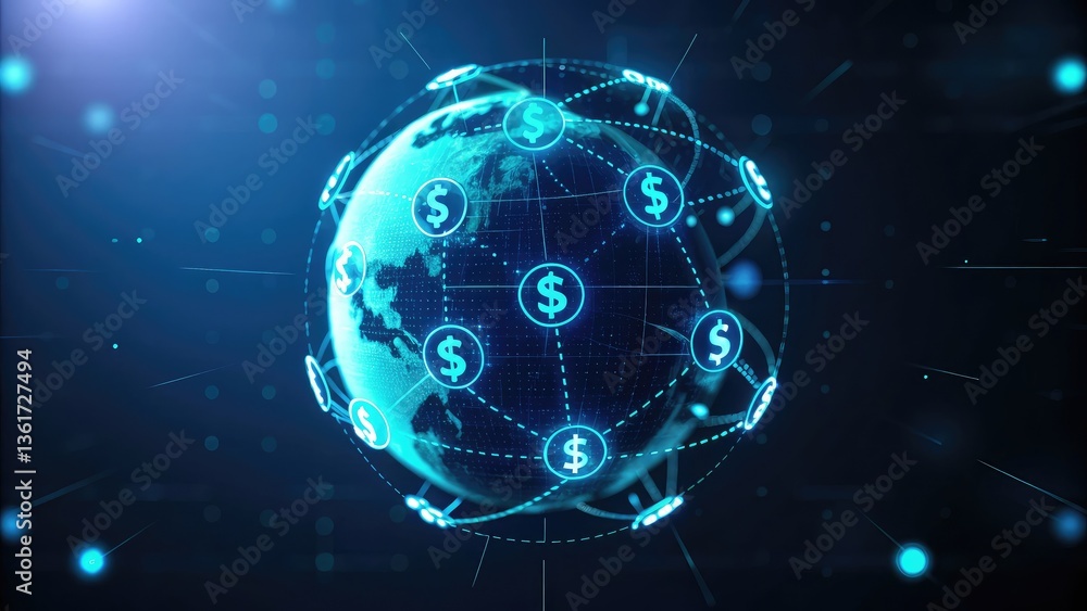 Obraz premium Digital Payments + Fintech + Financial Inclusion Digital globe with currency symbols, representing global finance and interconnected economies.