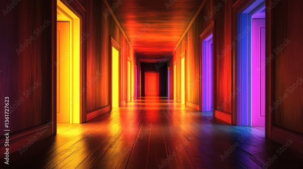 Luminous Doors: A Vivid Hallway of Infinite Possibilities and Colorful Passage