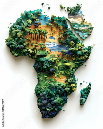 Africa continent 3D map displaying diverse geographical biomes