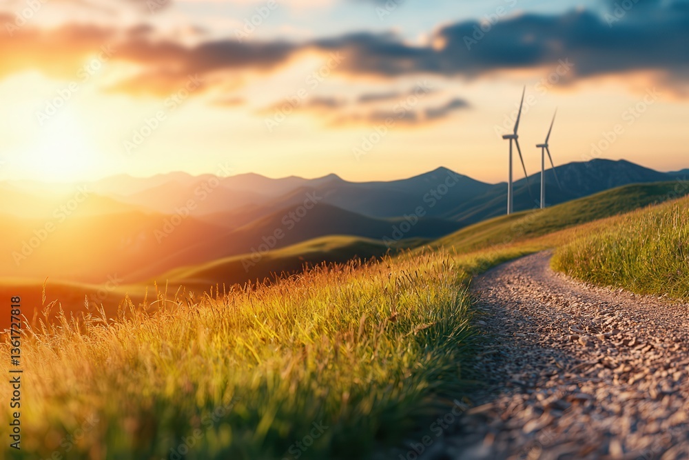 Obraz premium Wind power wind farm research future. Serene landscape with wind turbines and sunset in the background.