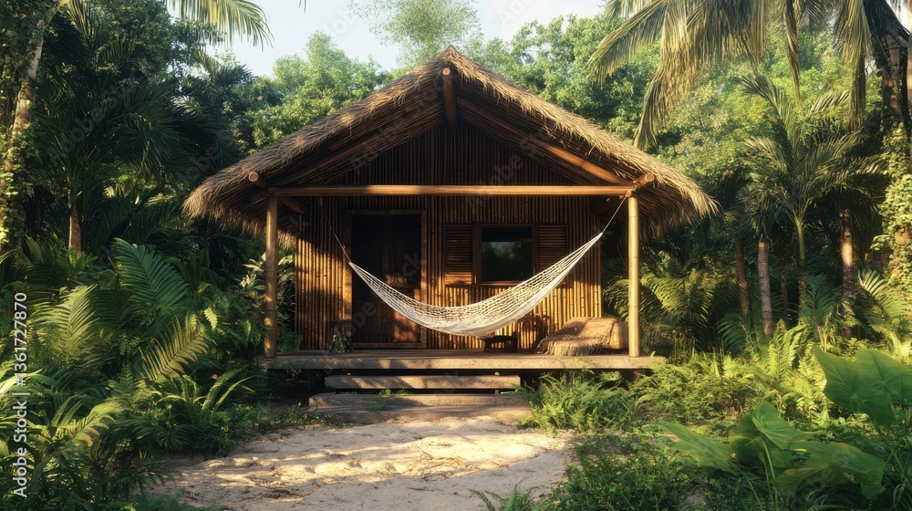 Tranquil wooden cabin surrounded by lush greenery and tropical plants Tranquil wooden cabin surrounded by lush greenery and tropical plants
