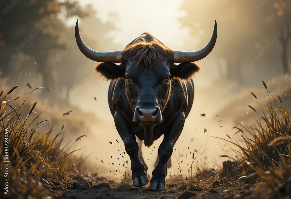 Naklejka premium Large angry bull charging on a dusty path in the countryside