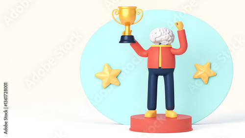 Know It All Confidence Cheerful character holding a trophy with stars in a colorful backdrop, celebrating a victory or achievement.