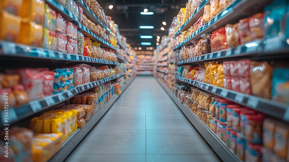 Aisle view shelves stocked with various food products Aisle view shelves stocked with various food products