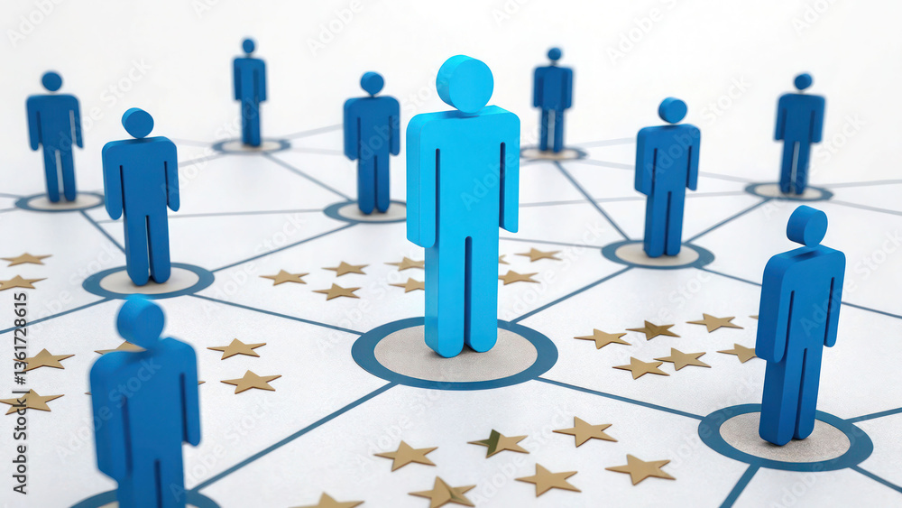 A stylized 3D representation of employee figures, with a bright blue manager icon at the center, illustrating the importance of leadership in human resource management. A stylized 3D representation of employee figures, with a bright blue manager icon at the center, illustrating the importance of leadership in human resource management.