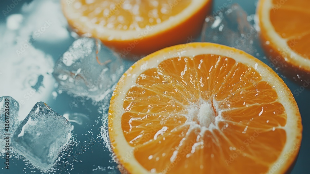 Fresh orange slices on ice, close-up Fresh orange slices on ice, close-up