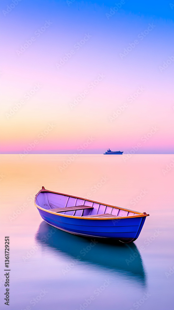 Fototapeta premium Serene sunrise over calm ocean with small boat and distant vessel