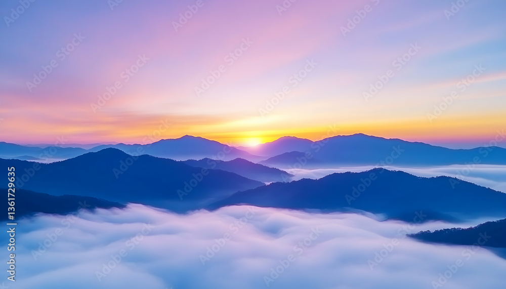 Fototapeta premium Serene sunrise over misty mountain range, vibrant pastel sky