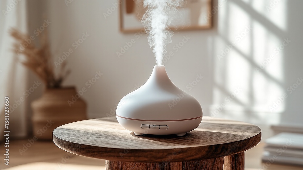 White diffuser emits mist indoors creating ambiance on wood table bright environment minimal setting relaxation details White diffuser emits mist indoors creating ambiance on wood table bright environment minimal setting relaxation details