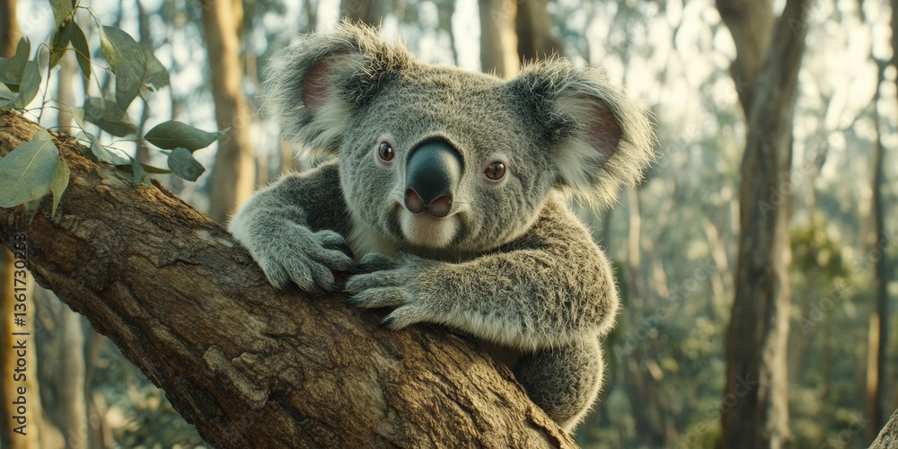 Fototapeta premium Koala perched on a branch, gazing directly at the viewer. Lush greenery and a forest backdrop create a peaceful scene