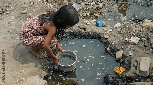 A young girl collects water from a dirty and contaminated source
