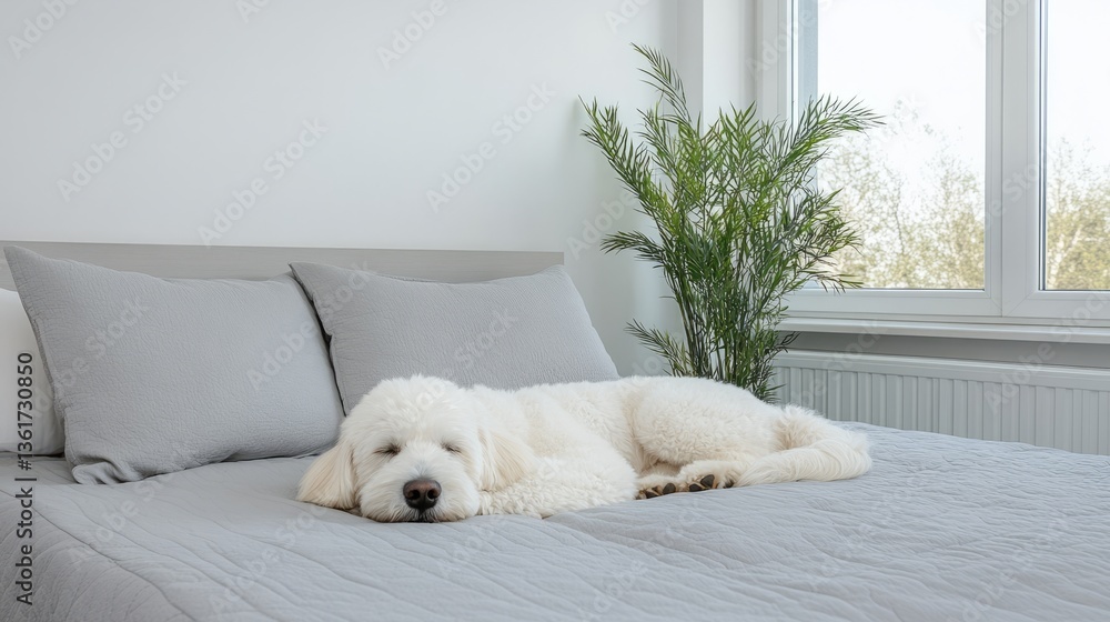 Cute fluffy dog sleeping peacefully on a gray bed with cozy pillows and natural light streaming through the window, creating a serene atmosphere. Cute fluffy dog sleeping peacefully on a gray bed with cozy pillows and natural light streaming through the window, creating a serene atmosphere.