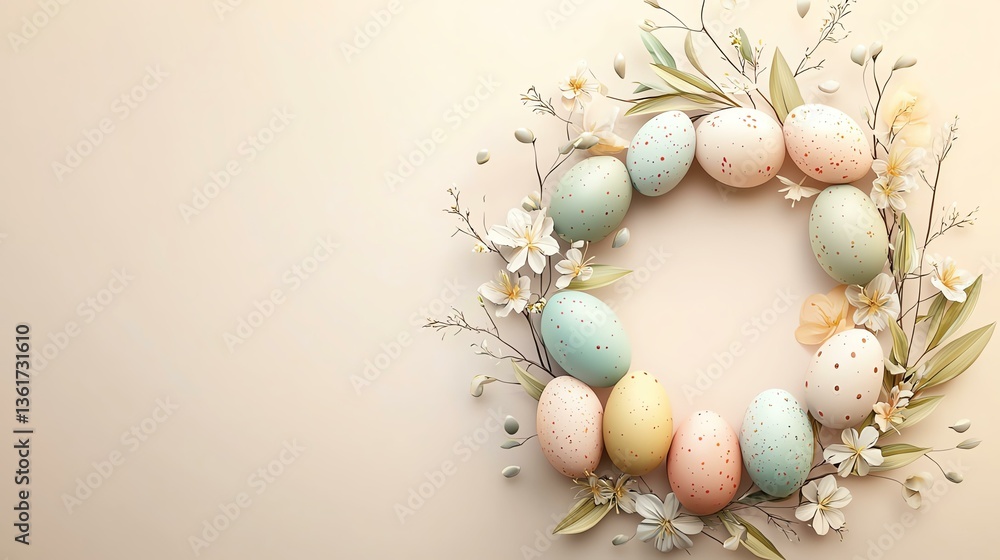 Obraz premium A beautifully arranged Easter wreath featuring pastel eggs and floral elements, perfect for spring decoration.