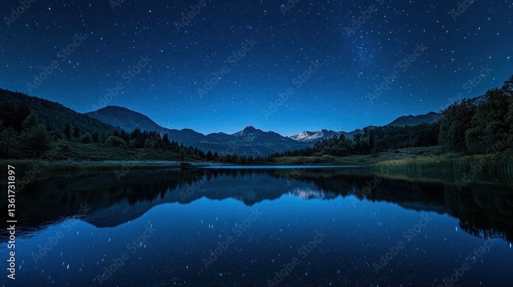 Serene starry night reflected in a still lake beneath majestic mountains range Serene starry night reflected in a still lake beneath majestic mountains range