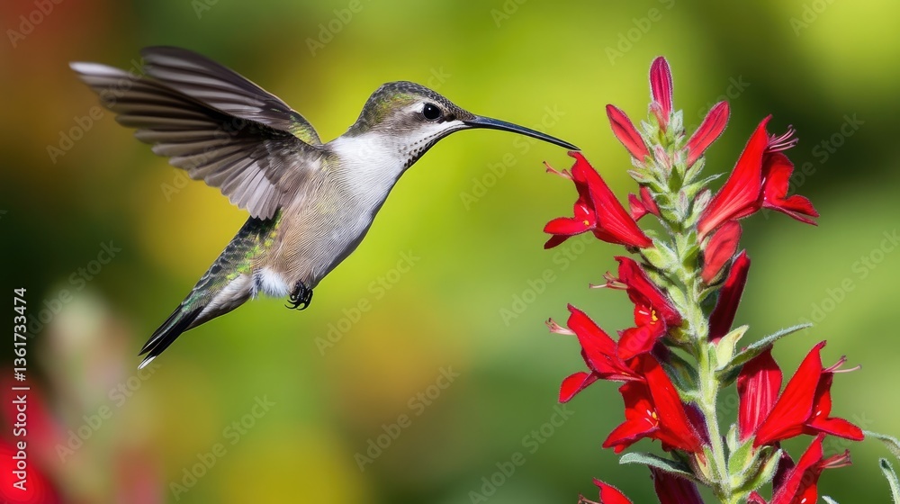 Naklejka premium Lobelia Cardinalis. Avian Beauty: Ruby-throated Hummingbird Feeding on Cardinal Flower in Backyard