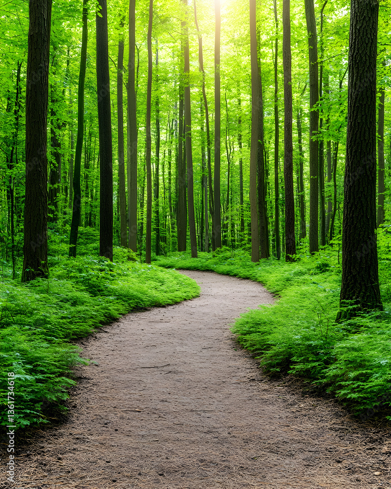 Obraz premium Serene winding path through lush green forest with dappled sunlight