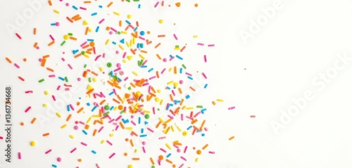 A vibrant scattering of rainbow sprinkles against a pure white backdrop, rainbow candy, sweet food, sweet