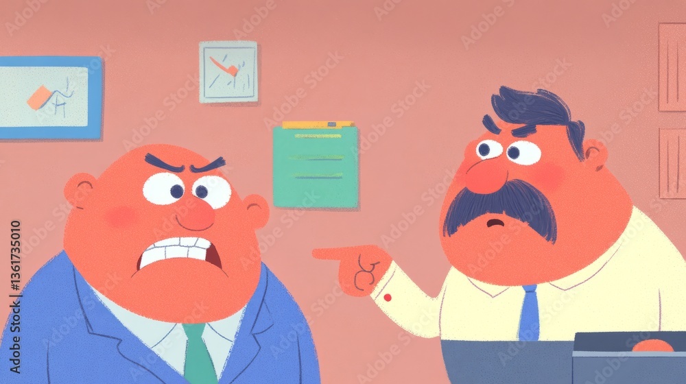 Fototapeta premium Two Cartoon Characters in an Office Setting Engaged in a Heated Argument About Work-Related Issues and Professional Disagreements