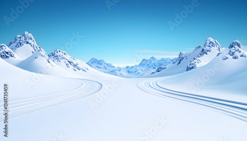 Serene winter landscape with cross-country ski tracks winding through snow-covered mountains under a clear blue sky