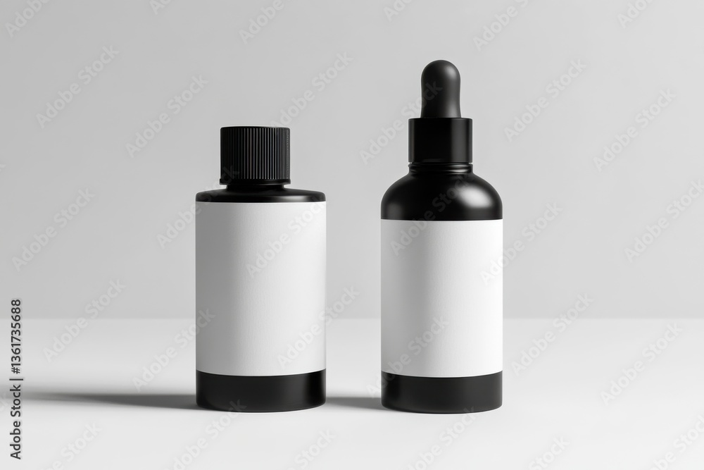 Two Cosmetics Bottle Mockups with Blank White Design and Black Caps on White Background Two Cosmetics Bottle Mockups with Blank White Design and Black Caps on White Background