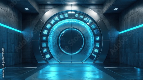 Round futuristic door with bright blue neon lights in grey stone room. Use for sci-fi, future tech, gaming, or portal to another dimension.