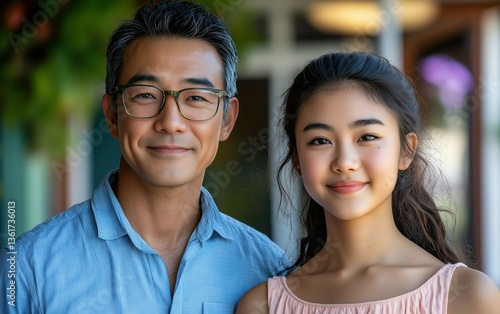 Medium shot, Asian male loan officer and Asian female client leaving the office together, both smiling, indicating a positive and productive meeting. Natural, bright light. photo