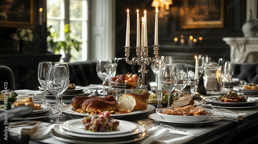 Fototapeta premium Lavish Dining Table Setup with Feast of Roasted Poultry and Grapes