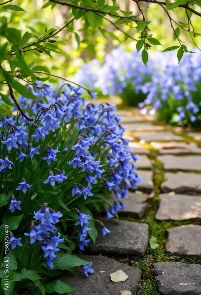 Obraz premium Delicate bluebell campanula blossoms spilling over a stone path, lush green branches frame the scene, green, detail