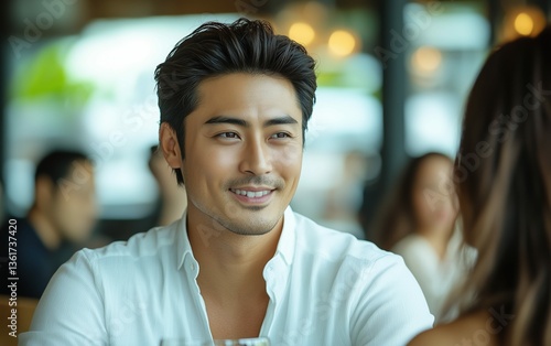 Medium shot, Asian male loan officer making eye contact with Asian female client, building trust and rapport, warm, natural lighting.