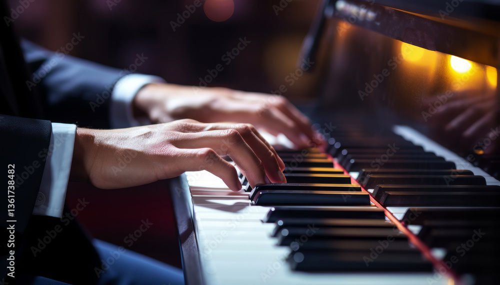 Fototapeta premium Close-up of male hands playing piano.