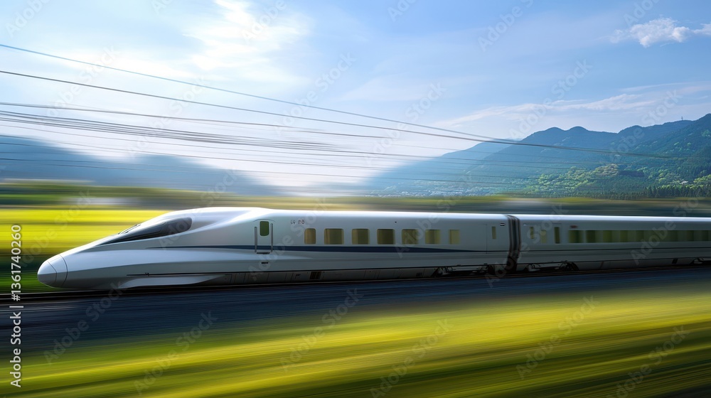 Naklejka premium A fast modern train travels across a scenic green landscape