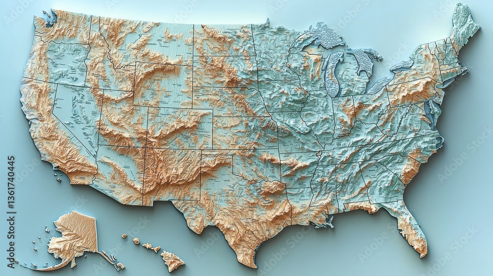 Obraz premium Detailed topographic map of the united states highlighting elevation changes and geographic features for study