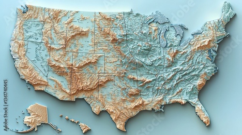 Detailed topographic map of the united states highlighting elevation changes and geographic features for study