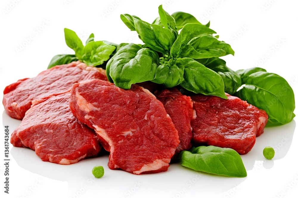 Fototapeta premium Fresh Raw Beef Steaks with Basil Leaves