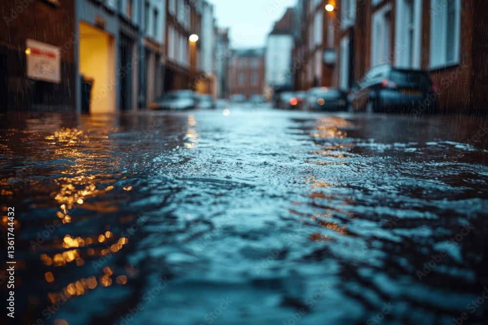 Flooded Urban Streets, stormwater overflow and drainage failure, city infrastructure under crisis
