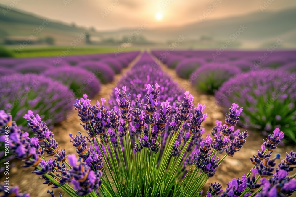 Obraz premium Scenic view of a lavender field in full bloom at sunset, rows of fragrant purple flowers leading towards the horizon under a golden sky, countryside beauty.