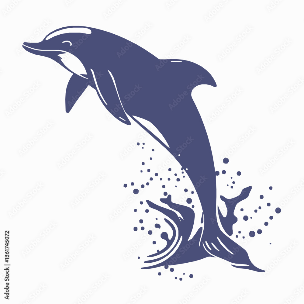 Jumping Dolphin Silhouette in Navy Blue with Splashing Water Design. Jumping Dolphin Silhouette in Navy Blue with Splashing Water Design.