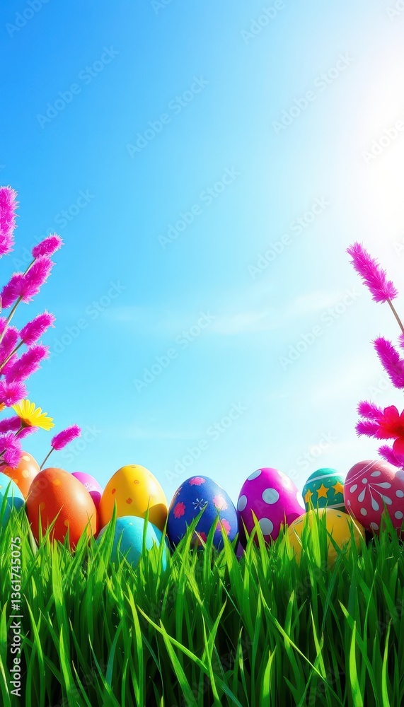 Fototapeta premium Vibrant green grass border frames colorful Easter eggs against a clear blue sky, spring, border