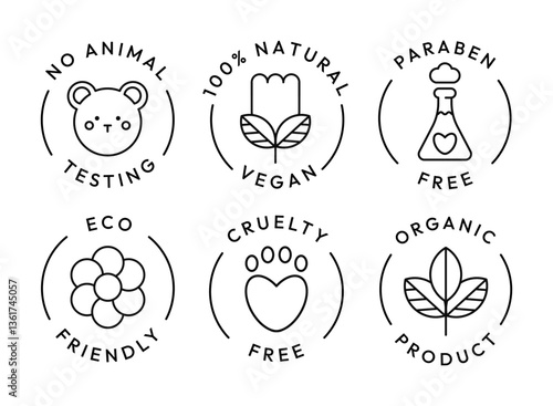 Eco cosmetics icon. Organic natural products alcohol, paraben and gluten free line icons for packaging. Stamps and badges vector set. Non toxic, no animal testing, for all skin types