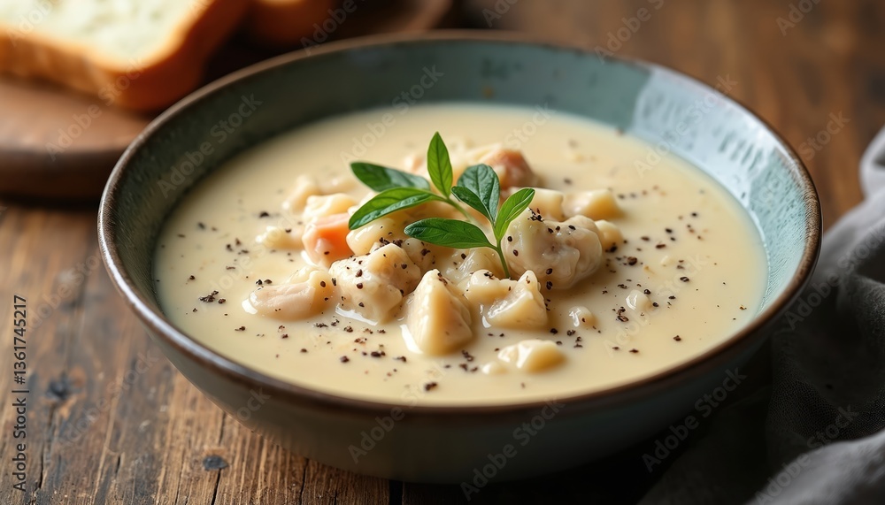 Creamy chicken and wild rice soup in bowl garnished with fresh thyme leaves and black pepper. Delicious, appetizing meal for lunch or dinner. Healthy food. Home made dish. Creamy chicken and wild rice soup in bowl garnished with fresh thyme leaves and black pepper. Delicious, appetizing meal for lunch or dinner. Healthy food. Home made dish.